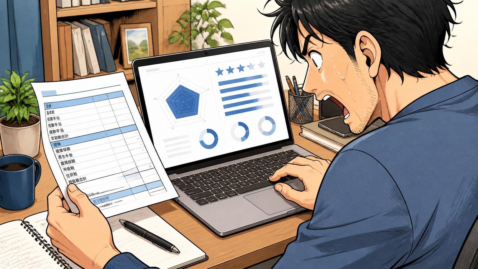 自宅のデスクでノートPCにOpenWorkのスコアと給与明細を並べて確認する30代エンジニアの手元アップ
