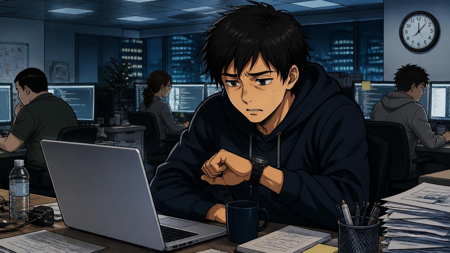 Web系メガベンチャーのオフィスで深夜にPC画面の光だけが灯る中、男性エンジニアが疲れた表情で時計を見ている