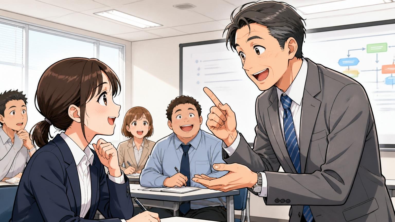 企業の研修ルームで講師の40代男性が30代女性社員に丁寧に研修内容を説明する明るい雰囲気