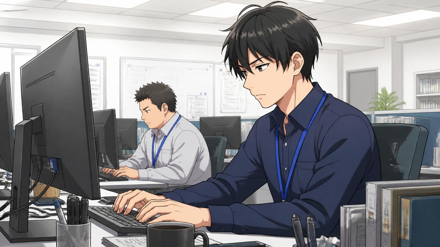 客先常駐先のオフィスで黙々とPC作業する常駐エンジニア。SIerの開発現場、男性2人が静かに作業中の臨場感