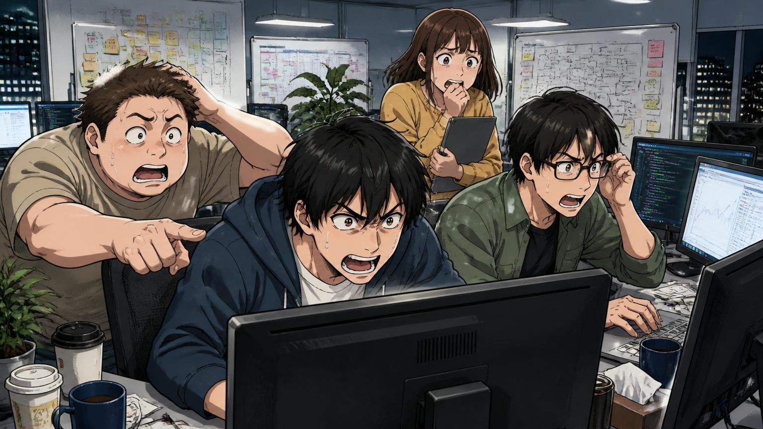 構造のやばさ。Web系企業のオフィスでエンジニア4人がモニターを囲みリリース対応する深夜のオフィスの真剣な表情