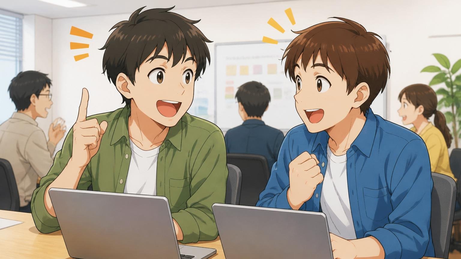 アルプス技研のポジティブな評判を語るシーン 研修室でPCを前に話し合う若手社員2人 笑顔