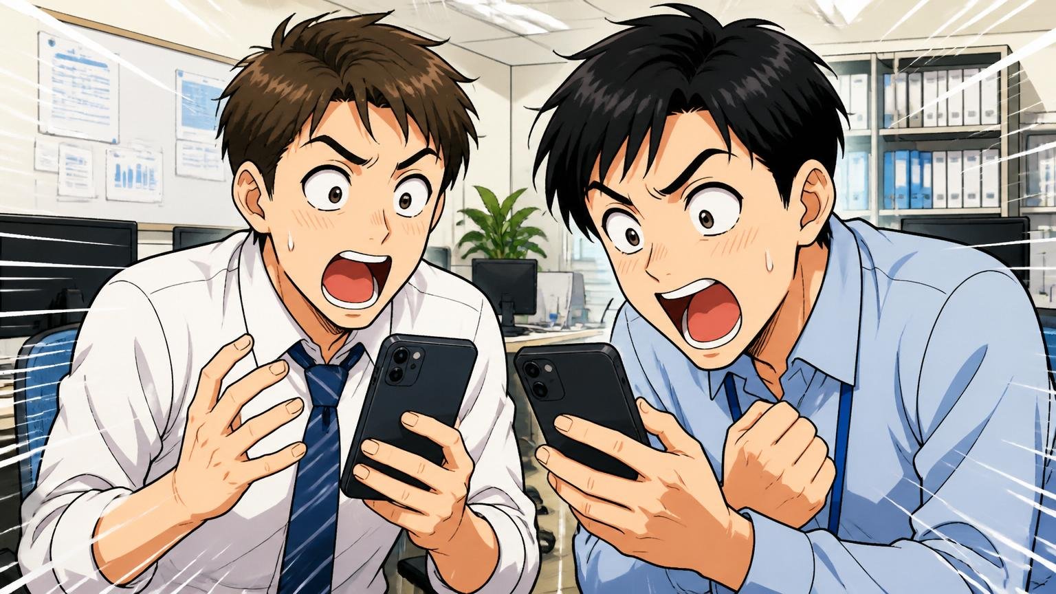 20代のアナリスト2名、オフィスで仕事中にスマホで年収を確認する驚きの表情