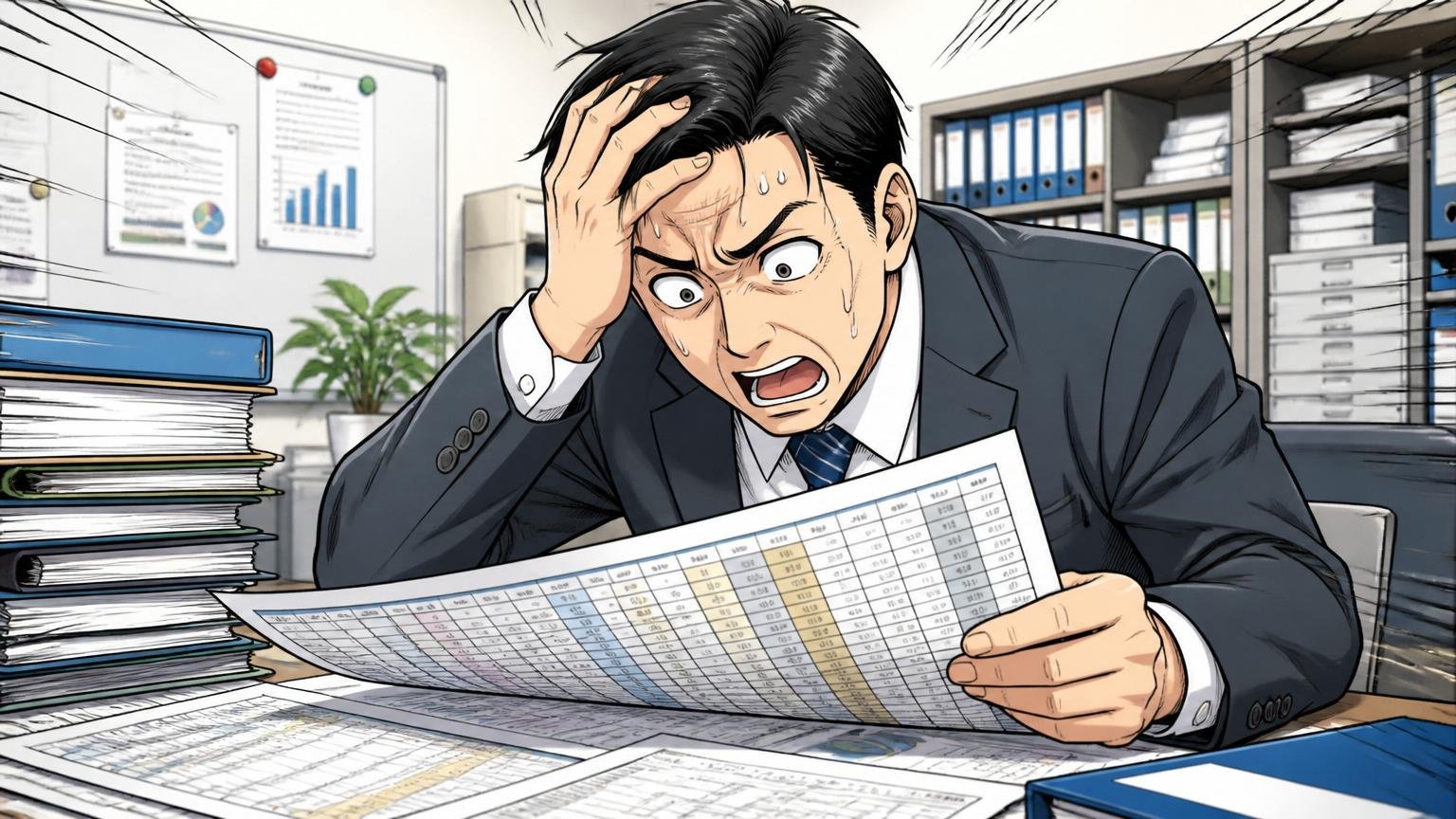 大企業の人事部で給与テーブルを見ながら頭を抱える管理職風の男性