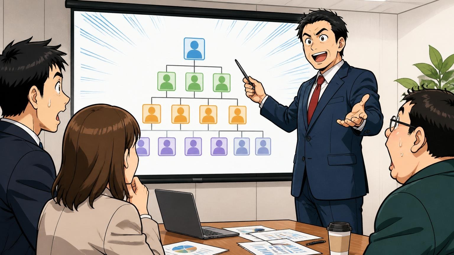 企業の会議室で評価制度の説明資料を前にしたマネージャー1人が階層図を示す