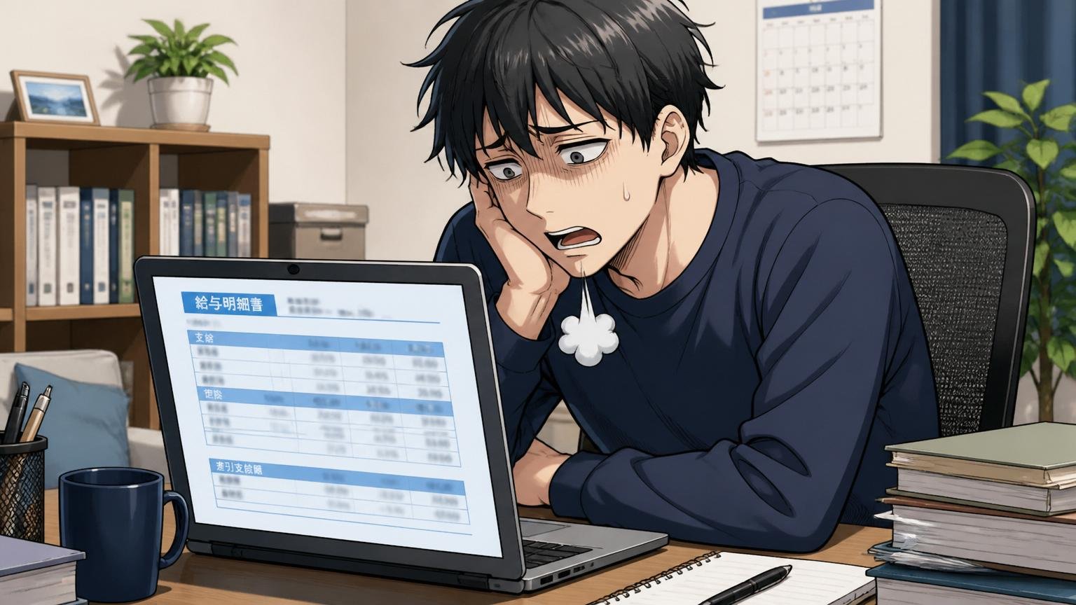 自宅のデスクで在宅勤務中の20代後半男性SEがノートPC画面の給与明細を見て深いため息をついている
