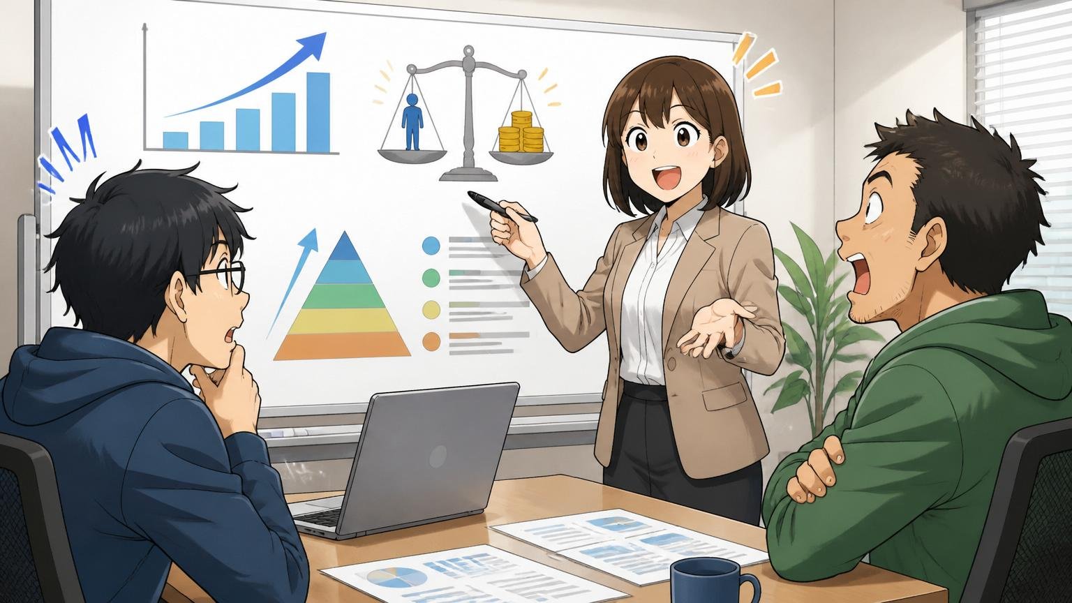 「市場価値ベース」とは何かを学ぶ場面、IT企業の会議室で人事担当者がエンジニア2人に給与制度を説明する