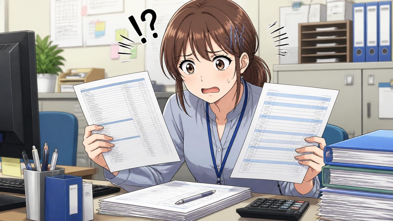 企業の経理部の机で給与明細とみなし残業の内訳を示す紙を比べて困惑する20代後半女性1人