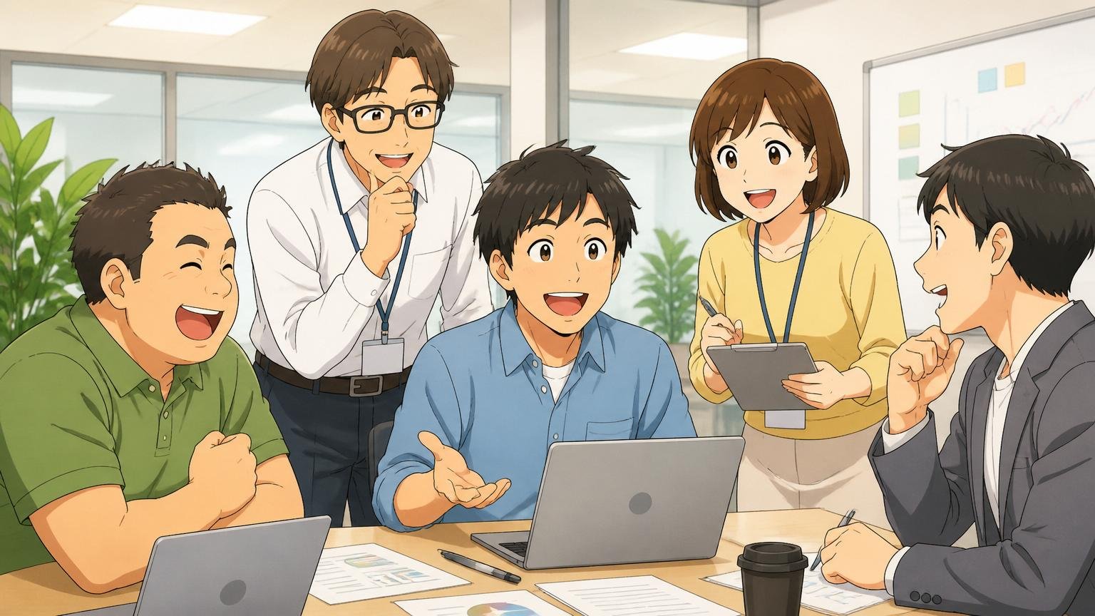 キヤノンITソリューションズのオフィスでチームミーティングをする社員5人が安心した表情