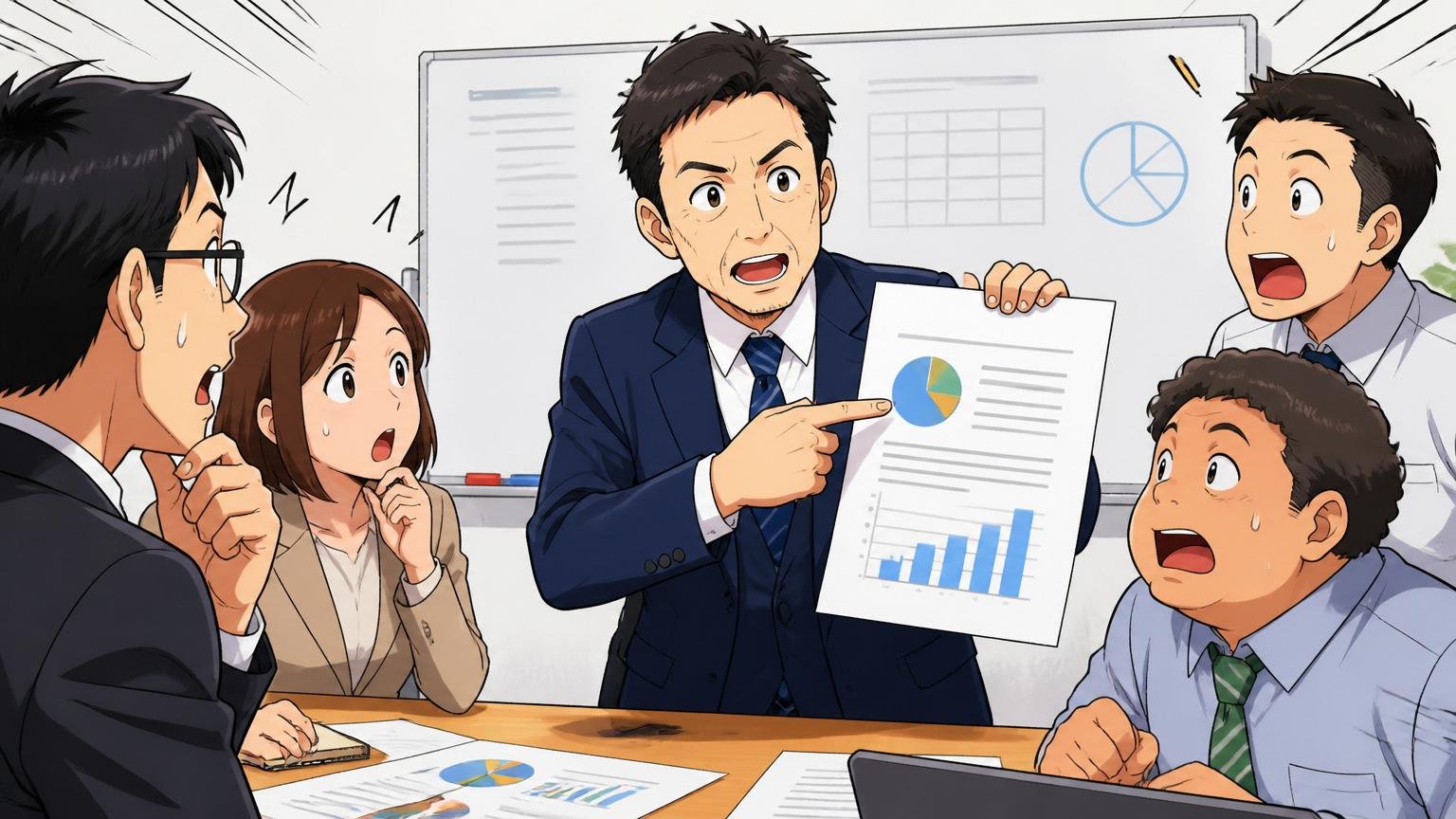 みなし残業制度の説明、社内会議室で40代男性、書類を指差し解説