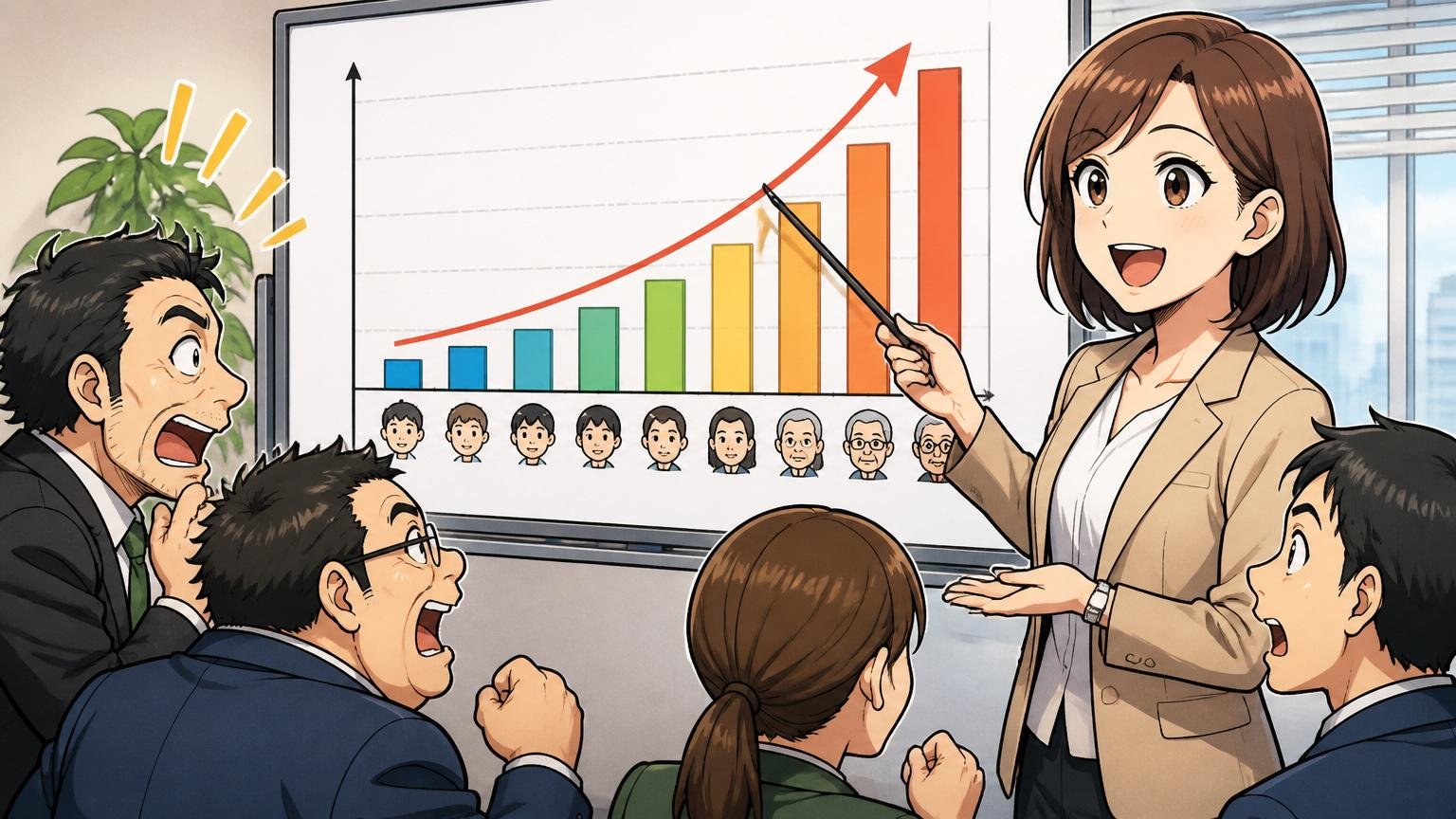 年齢別の推定年収推移。オフィスでグラフ資料を指す30代女性社員が説明