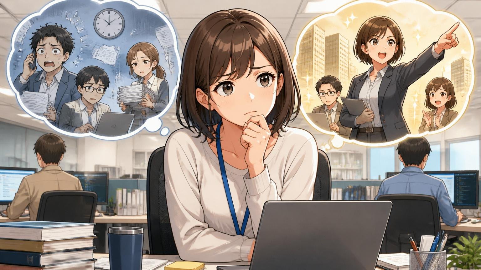 不満の正体は成長と評価。SIerのデスクで女性エンジニアが自分のキャリアを考え込む表情