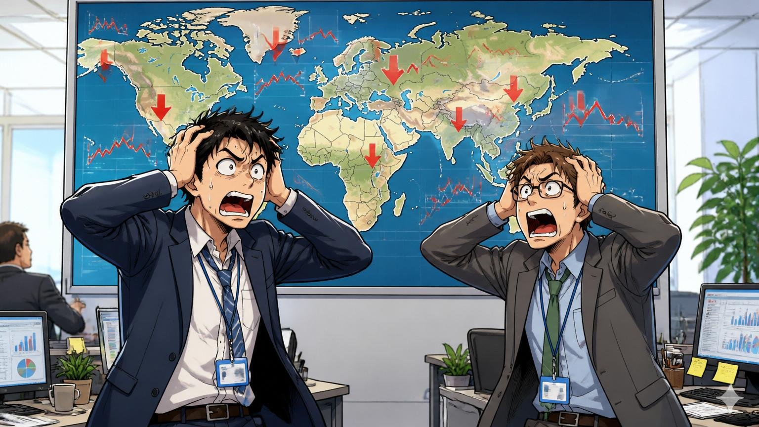 昇給がワールドワイド業績に連動。外資系IT企業のオフィスで男性社員2人が世界地図の前で頭を抱える
