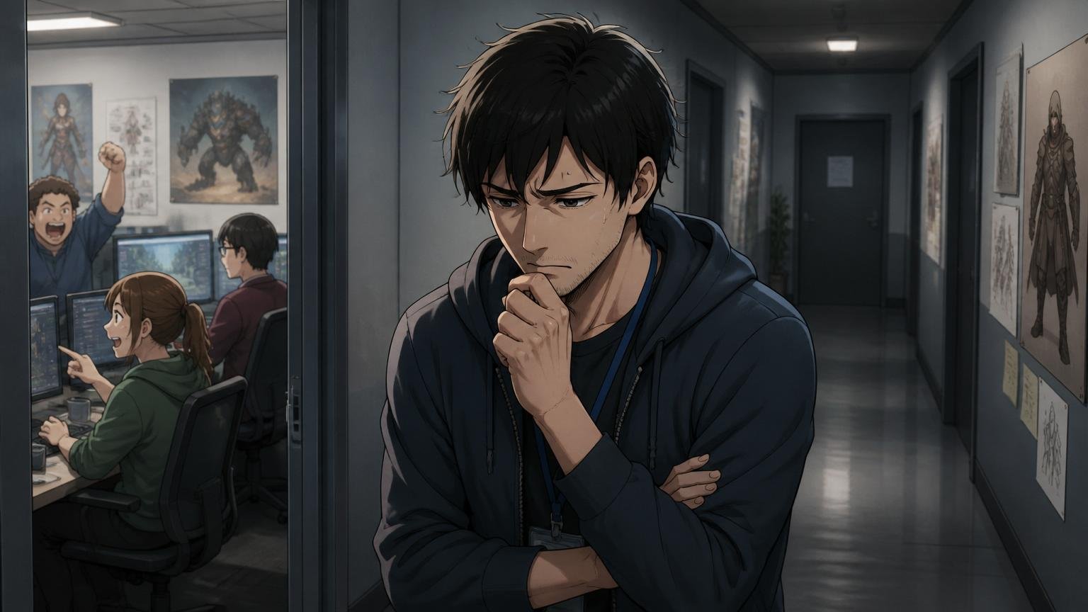 ゲーム開発スタジオの薄暗い廊下で退職を考え込み、深刻な表情でひとり立ち止まる30代のエンジニア