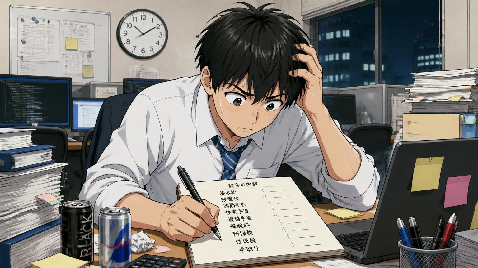 SIerの開発現場で深夜まで残業しながら給与の内訳をノートに書き出す若手プログラマー1人