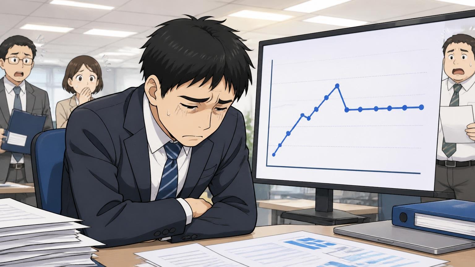 入社数年で「年功カーブ」が寝てしまう。オフィスで30代社員が伸び悩む折れ線グラフを前に肩を落とす