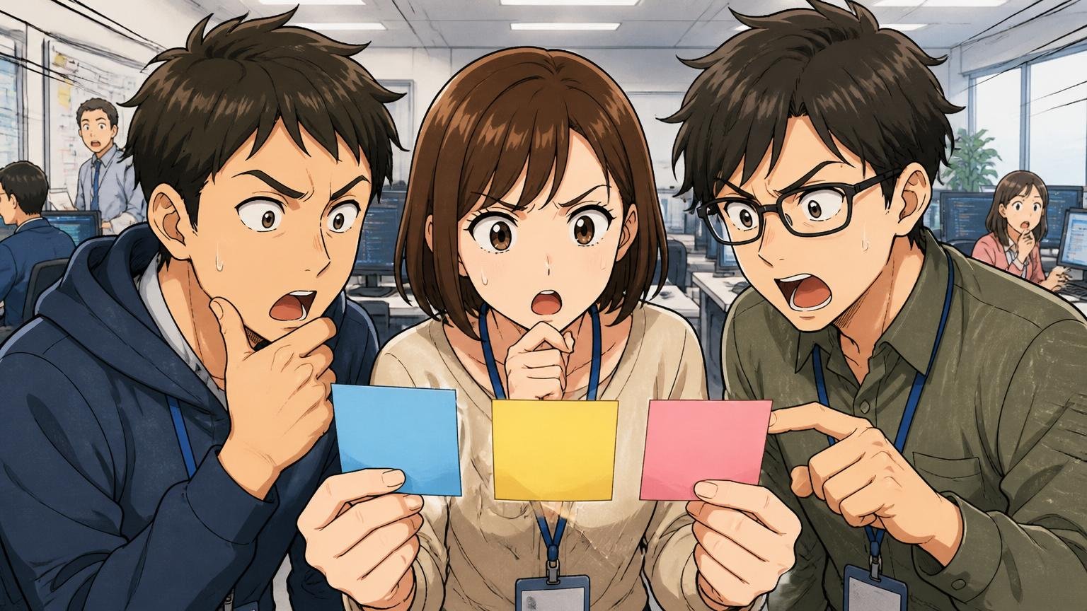 年収の悩み3パターン。SIerのオフィスで3枚の付箋を見比べる男女エンジニア3人