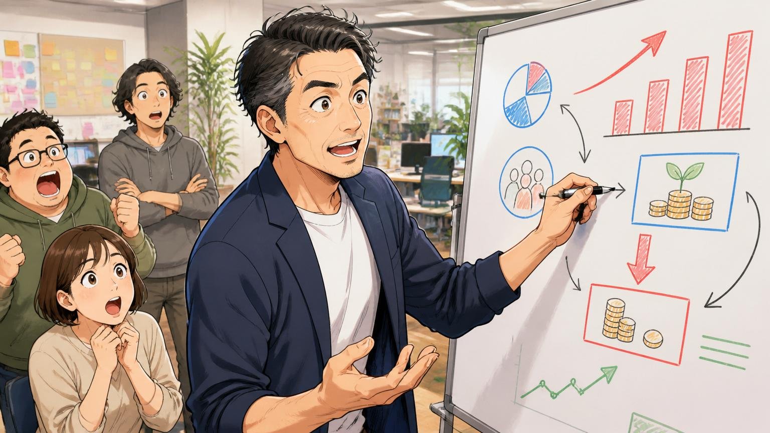 エンタメ成長企業特有の先行投資フェーズという事情。スタートアップのオフィスで40代男性が図を描いて説明