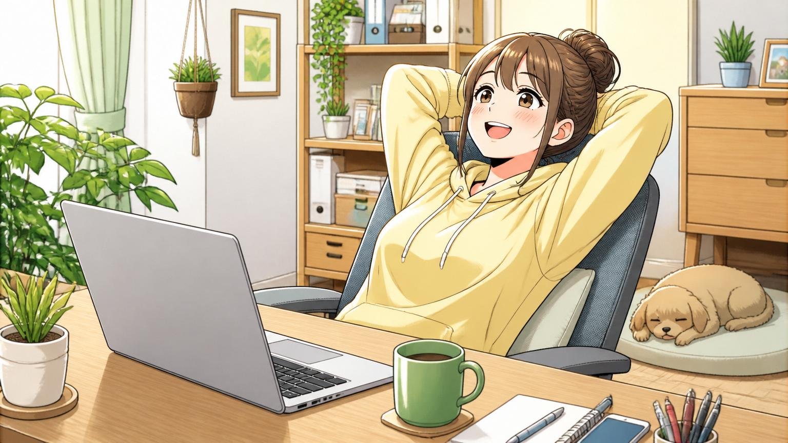 有給ほぼ100%消化やフルリモートという働きやすさ 自宅のデスクで在宅勤務しくつろぐ女性1人