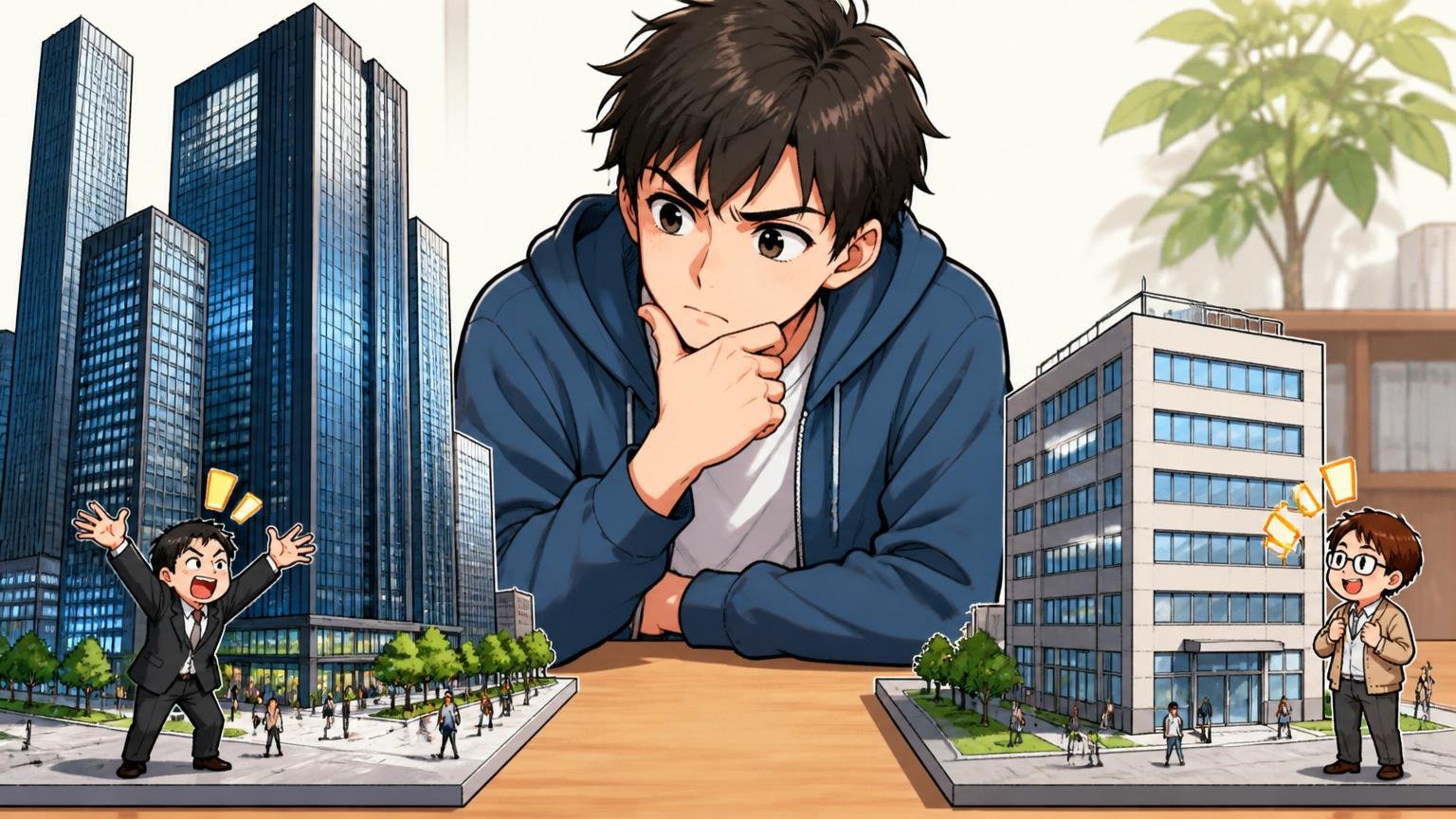 比較軸1企業規模を同じ土俵で見る。大企業ビルと中堅オフィスを見比べる若手エンジニア1人
