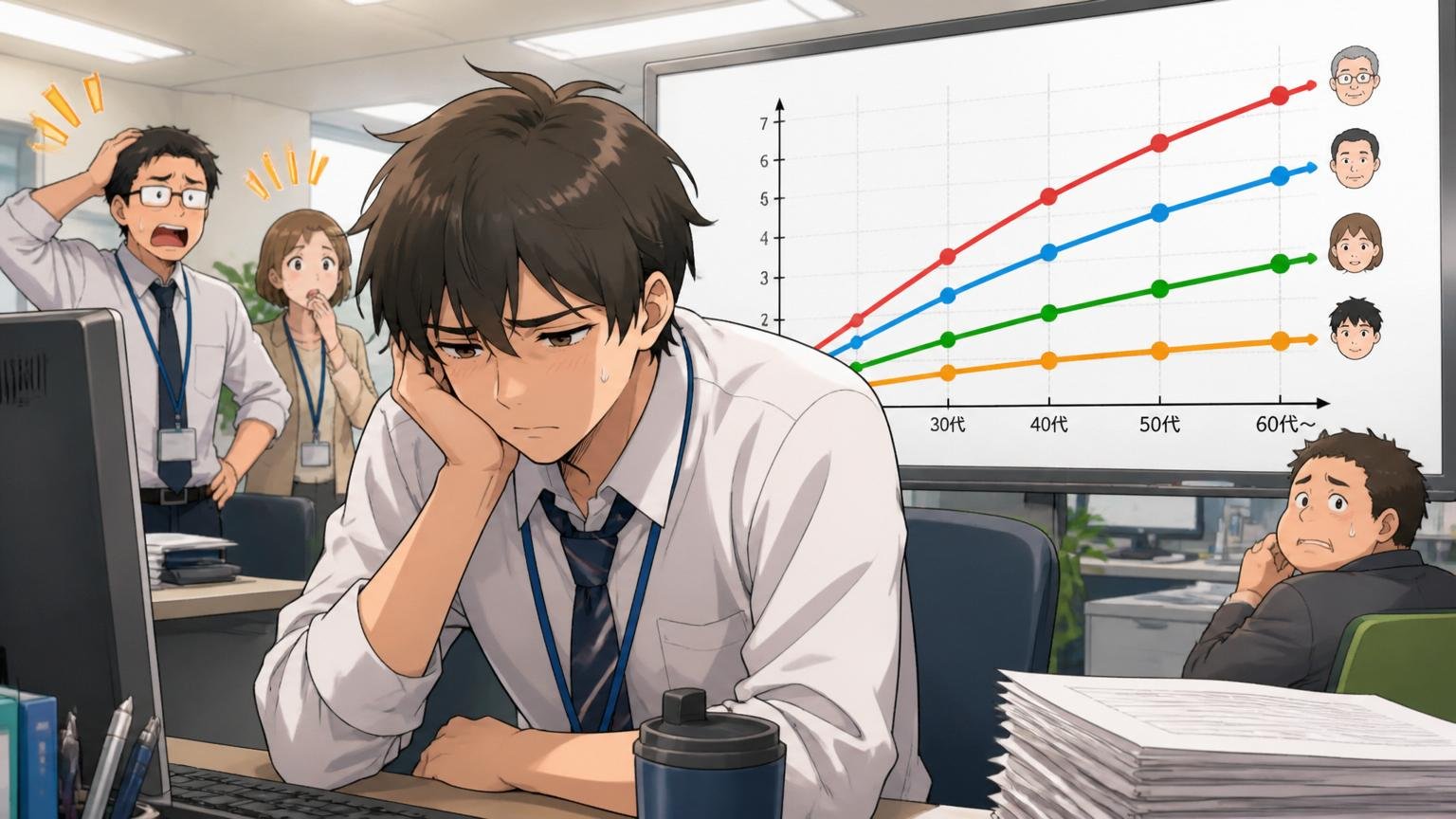 年功序列の賃金カーブで若手は伸びにくい。SIerのオフィスで年代別グラフを前に肩を落とす若手男性エンジニア