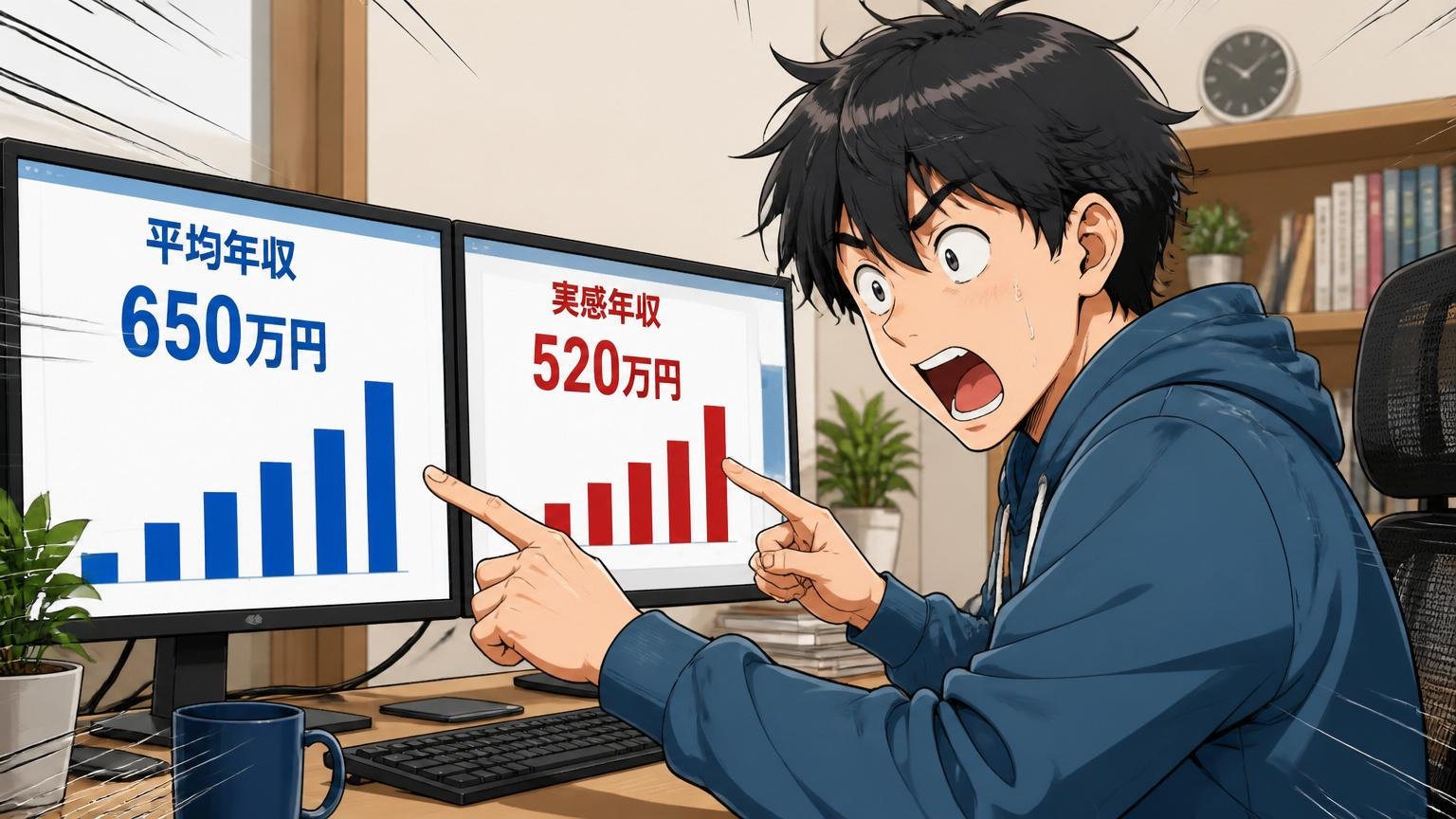 平均年収と実感年収は100万円以上違う。自宅のデスクで2つの数字を見比べ目を見開く男性エンジニア1人