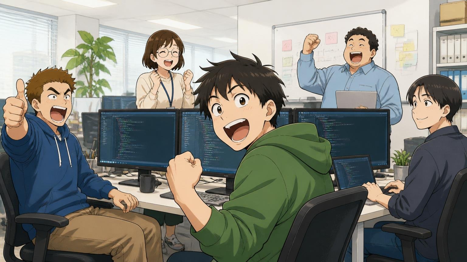 社員の平均年齢が若く昇給カーブがこれから。IT企業のオフィスで複数の若手社員が働く