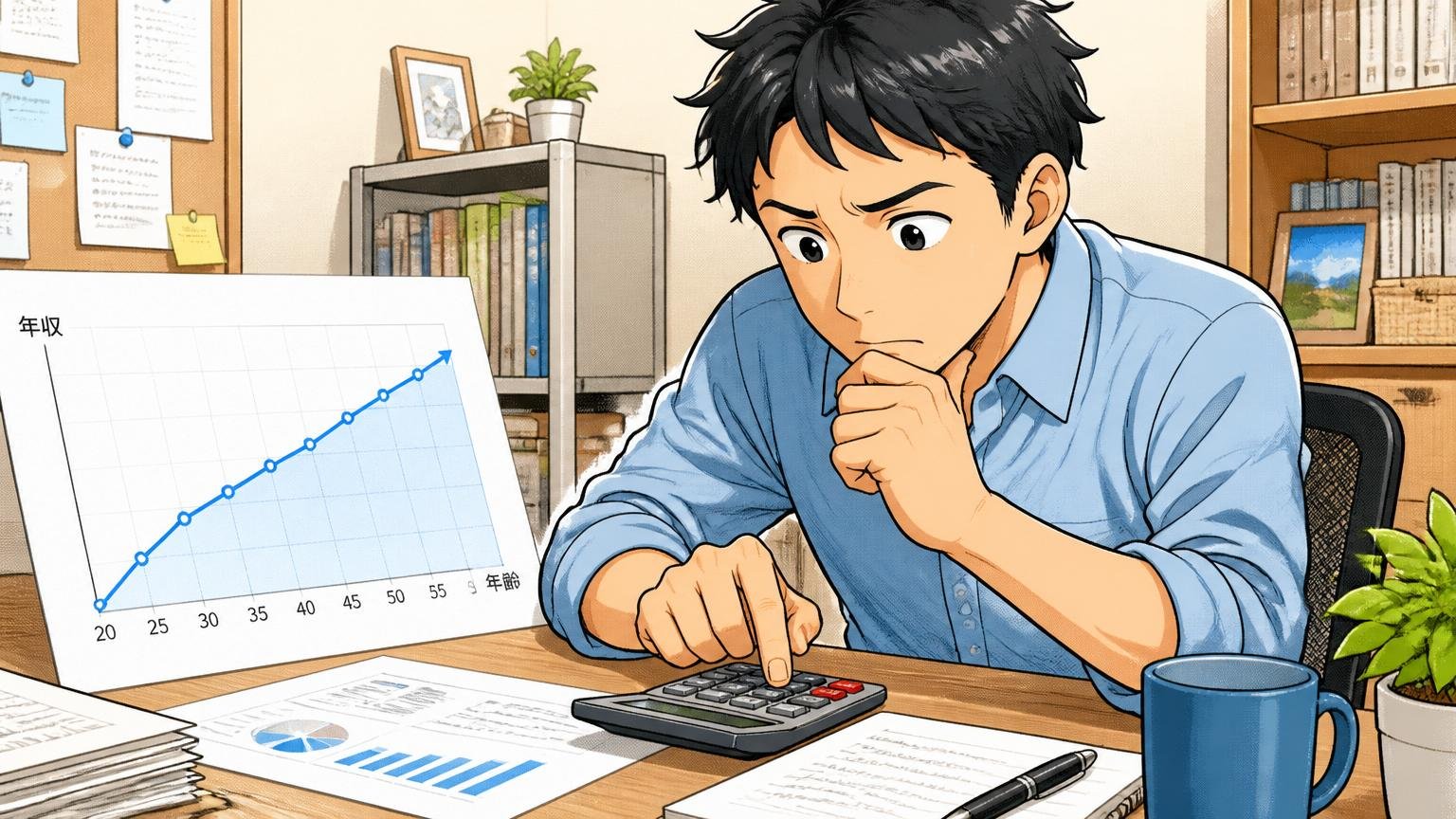 年収カーブの見通しは年功で上がるが緩やか 自宅のデスクで将来の年収を電卓で計算する30代社員1人