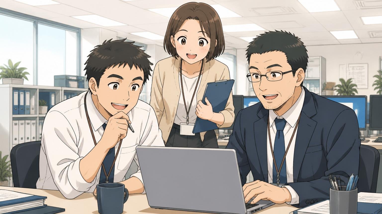 ヤマトグループならではの安定性と福利厚生、企業のオフィスで安心した表情で働く社員3人、落ち着いた雰囲気