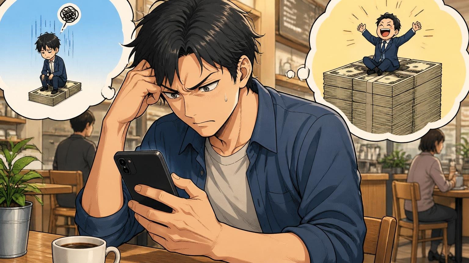 絶対額が低いという不満と業界平均との比較。カフェで30代男性エンジニアがスマホの求人を見て眉をひそめる