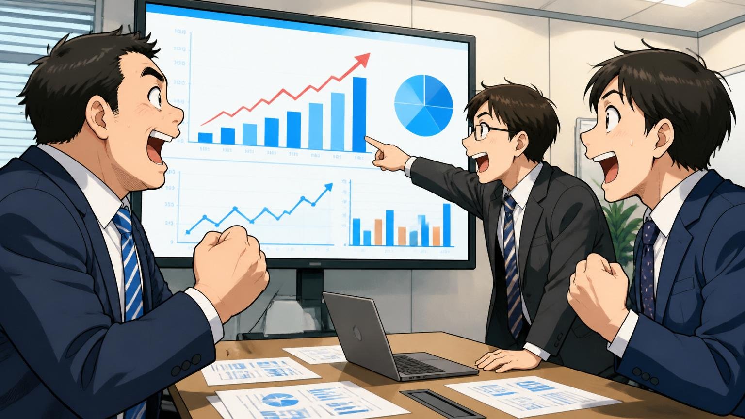 会社の業績データを見てみる。オフィスの会議室で好調な決算グラフを示すモニターを見つめる男性社員3人