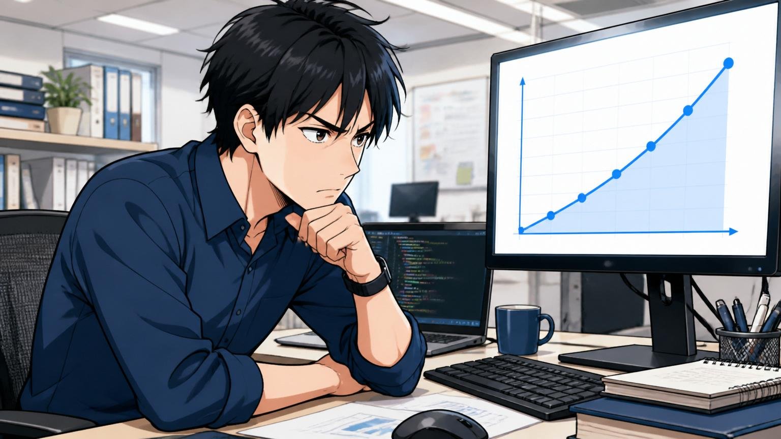 企業オフィスのデスクで右肩上がりの後払い型の賃金カーブの図を真剣な表情でじっと見つめる30代男性エンジニア