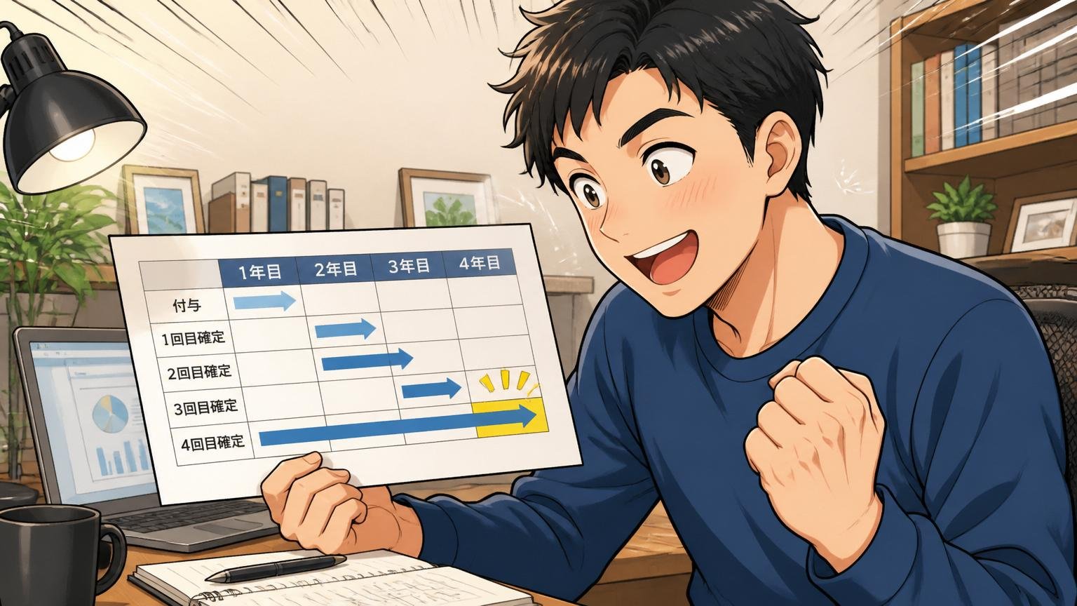 RSUは4年で確定する後ろ重心。自宅デスクで権利確定スケジュール表を見て納得する社員1人