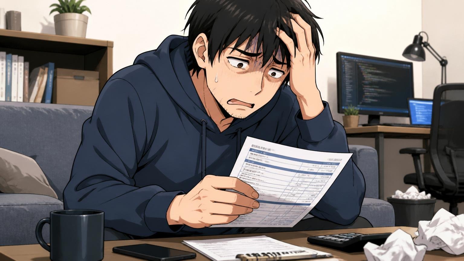 完全年俸制でボーナスというまとまった支給がない。自宅で給与明細を手に肩を落とす30代男性エンジニア
