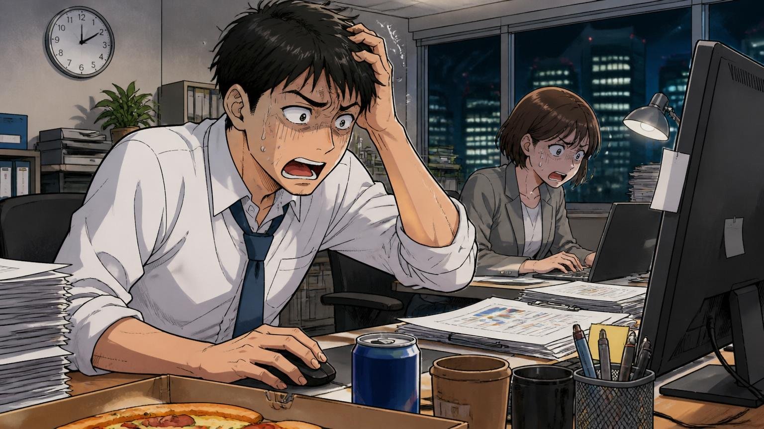 基本給が低く残業代と賞与も連動、Web広告代理店のオフィスで深夜に2人の社員が残業している