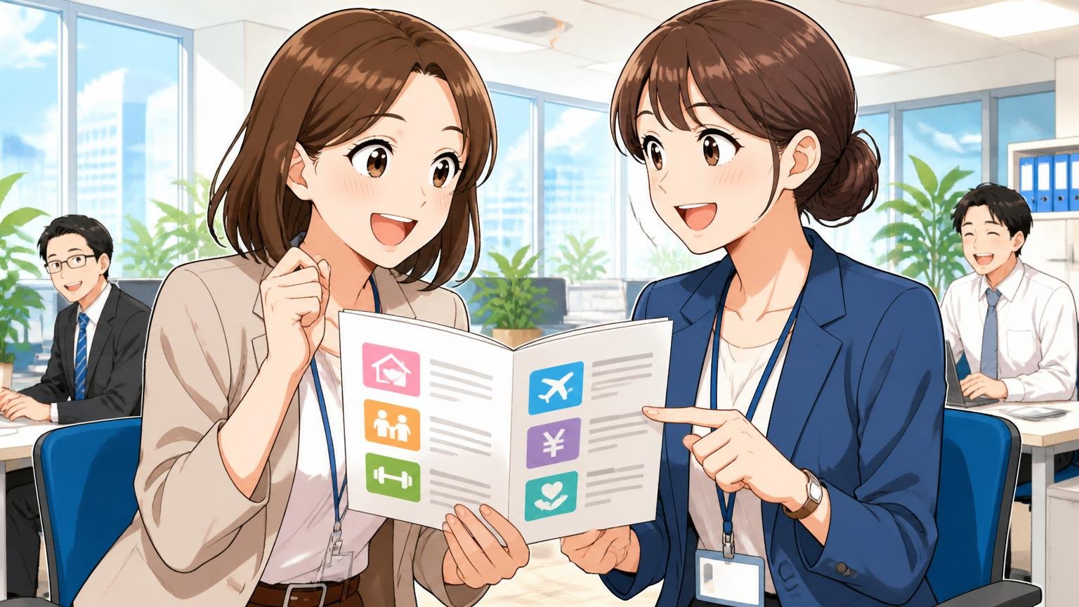 大手グループのメリット。明るいオフィスで福利厚生の資料を手に笑顔で話す30代女性社員2人