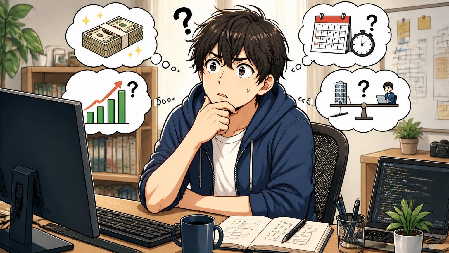 自宅のデスクで年俸制の仕組みに首をかしげる若手エンジニア1人
