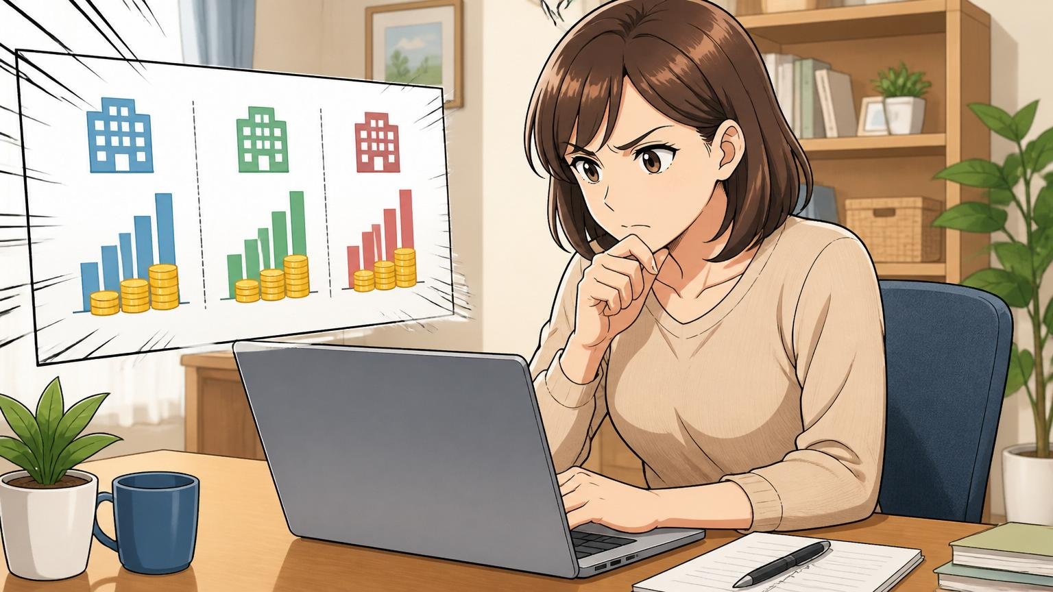 技術者派遣大手3社の年収を並べてみる。自宅のデスクで30代女性がノートPCで他社の年収を比較し真剣な表情