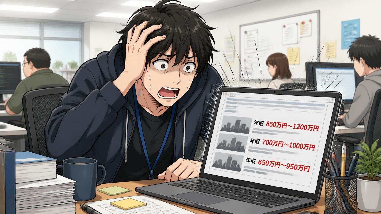 年収が低いタイプの特徴。IT企業の自席で男性エンジニアが他社の求人年収を見て愕然とする