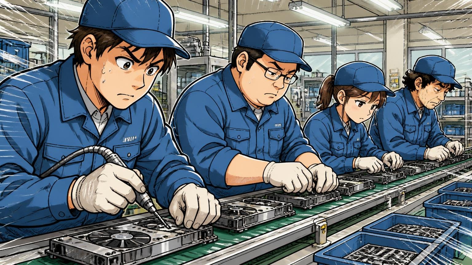 「やばい」評判の正体は主に工場派遣の口コミ 製造工場のラインで黙々と作業する複数の派遣作業員