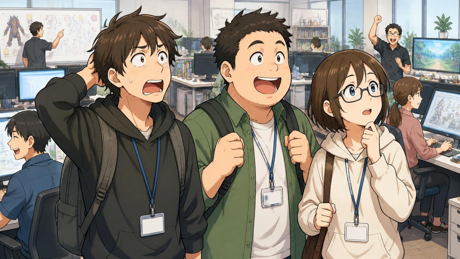 ゲーム会社の開発現場:別のゲーム会社のオフィスで3人のエンジニアが新しい環境に戸惑いと希望を見せる
