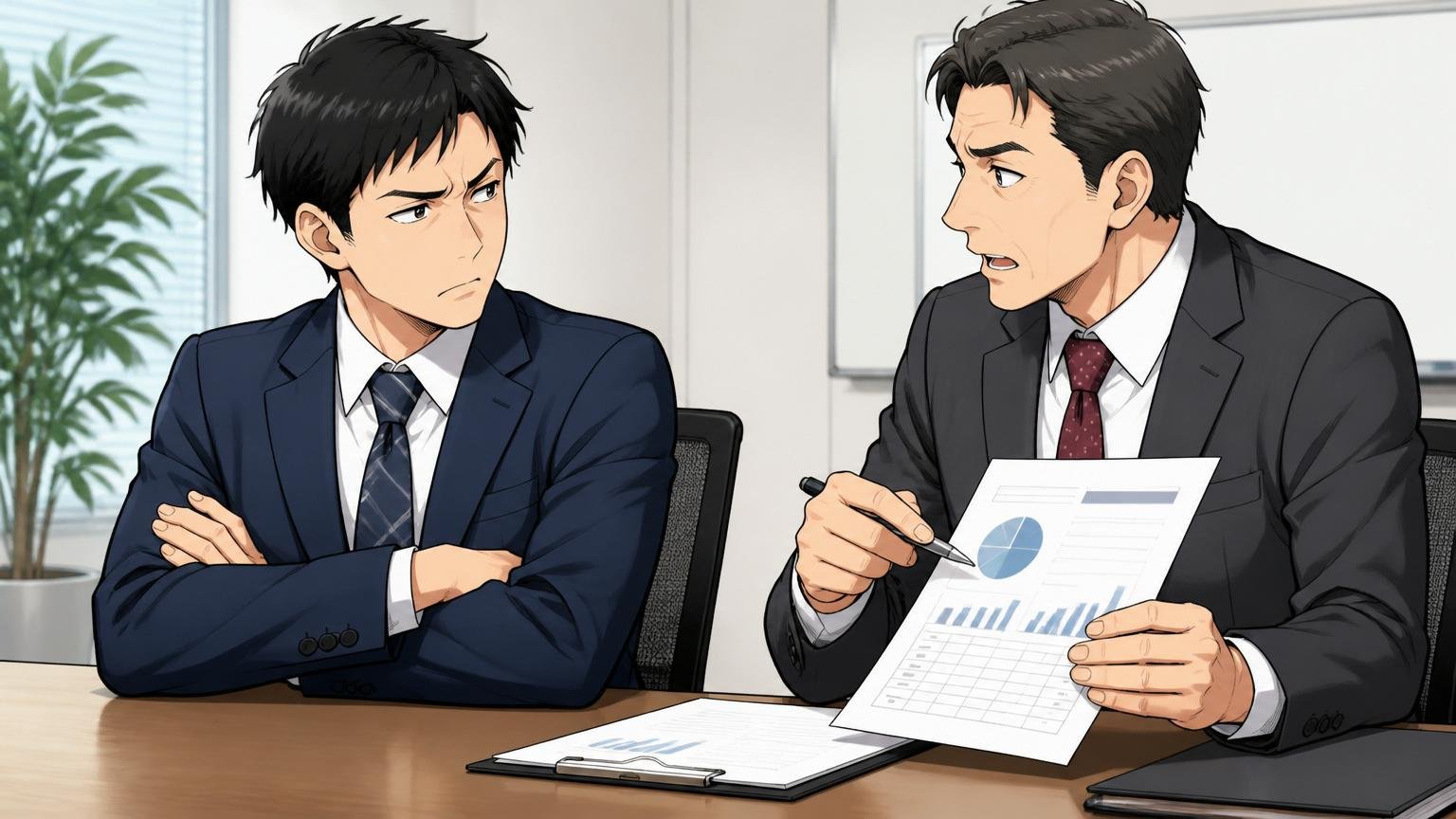 評価面談で上司の説明に納得できず眉を寄せる場面。企業の会議室で30代男性が腕を組んで真剣な表情、40代男性が書類を指して説明する。2人のシーン