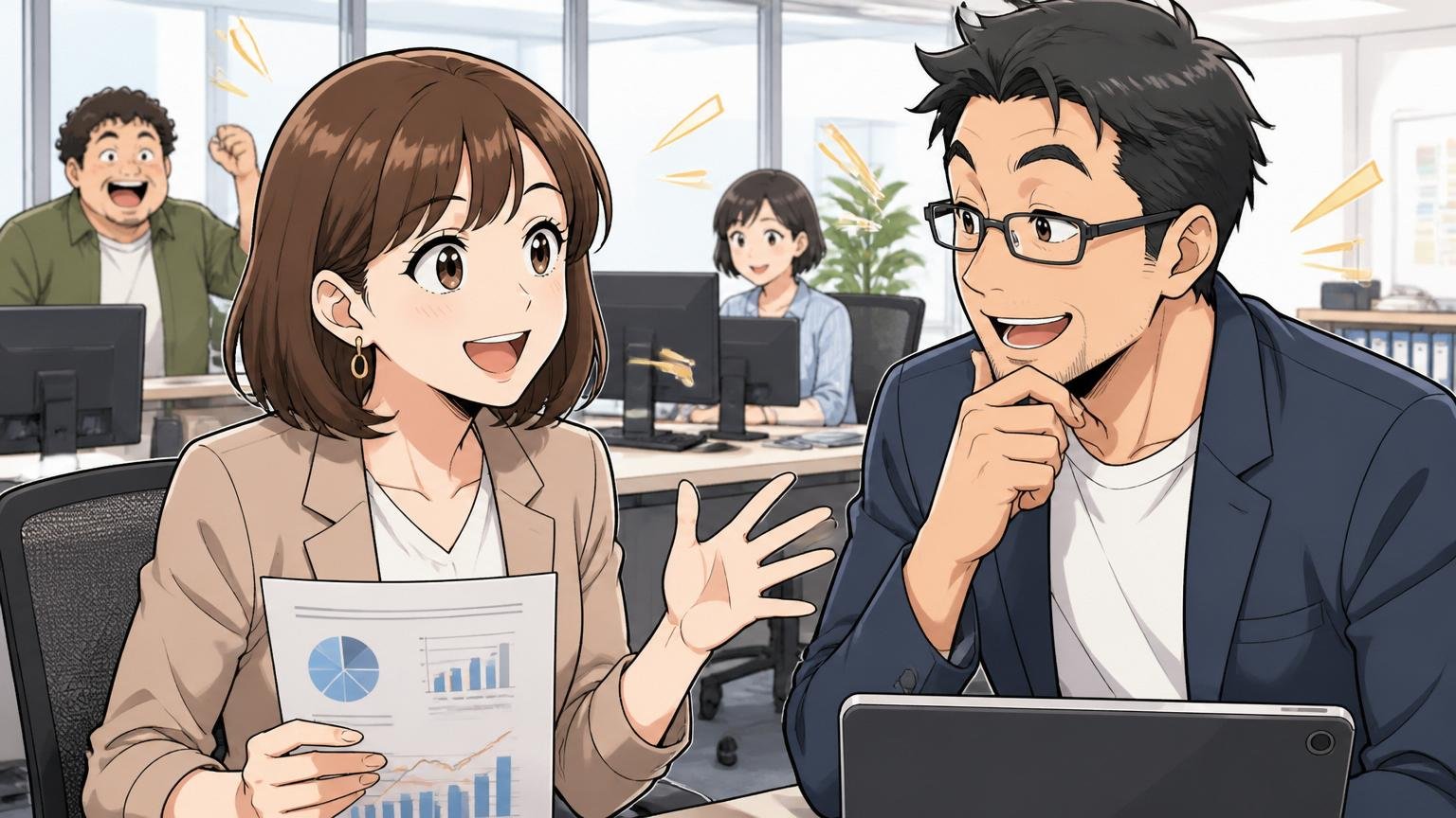BtoB事業会社のオフィスで30代女性インハウスマーケターが資料を片手にプロダクト責任者と笑顔で議論する場面