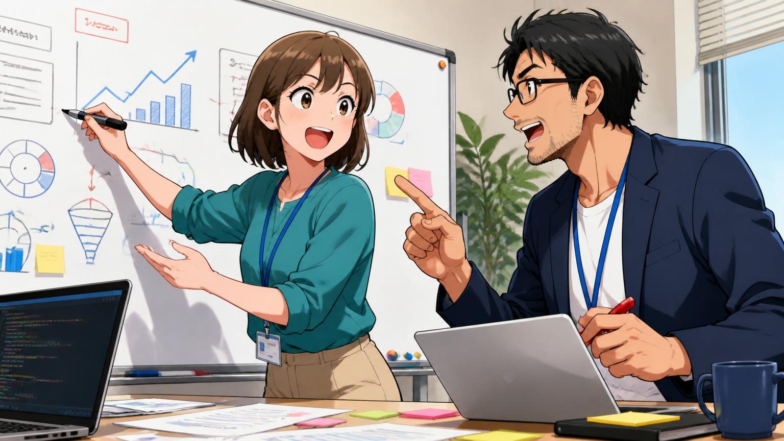 資産①事業会社視点の開発力。Web系事業会社の会議室で、30代女性エンジニアと30代男性プロダクトマネージャーがホワイトボードに事業KPIを書きながら議論している