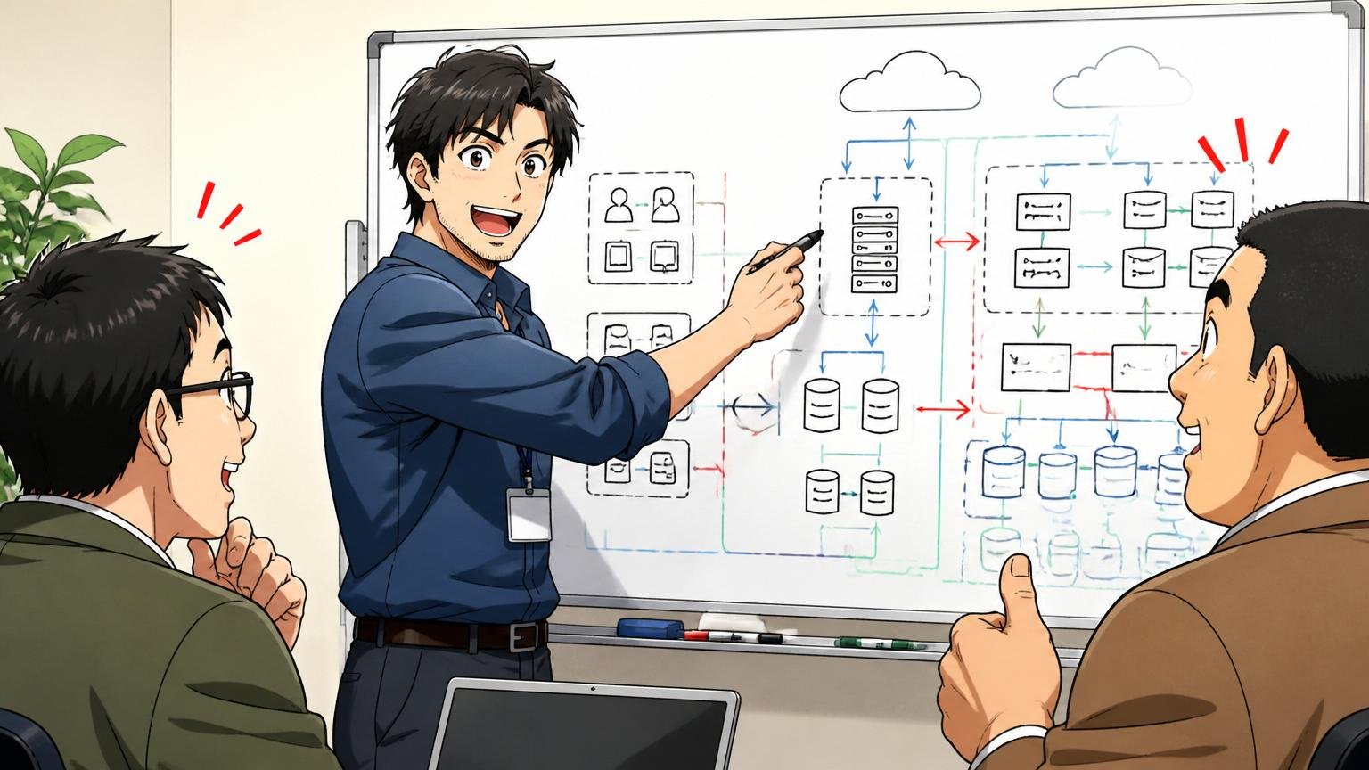 面接の現場でホワイトボードに大規模PJの構成図を描きながら説明する30代エンジニア1人、面接官2人が頷く