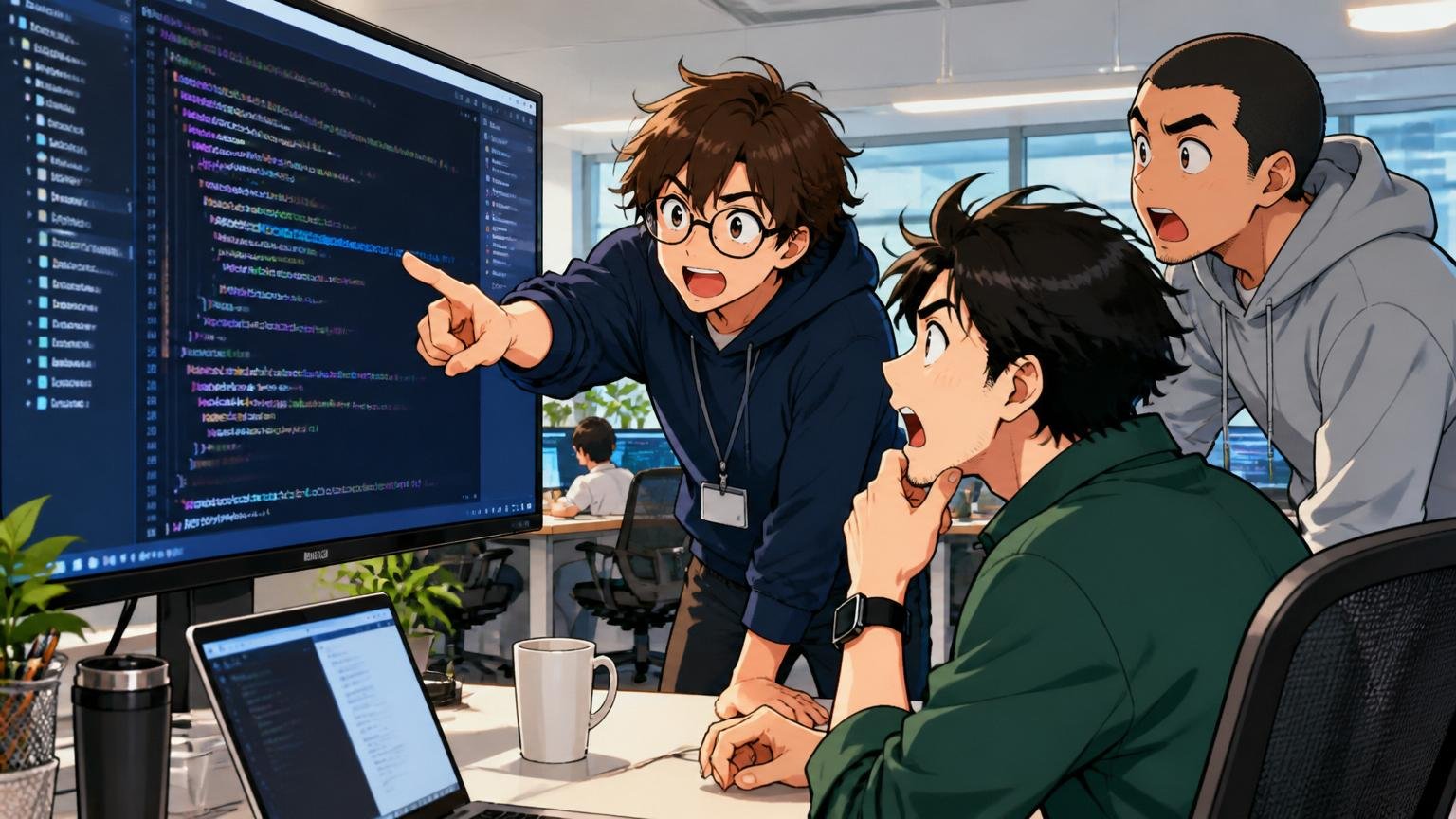 自社開発Web系・メガベンチャー。技術志向×年収重視。Web系スタートアップのオフィスで3人のエンジニアが大きなモニターでコードレビューに熱中している
