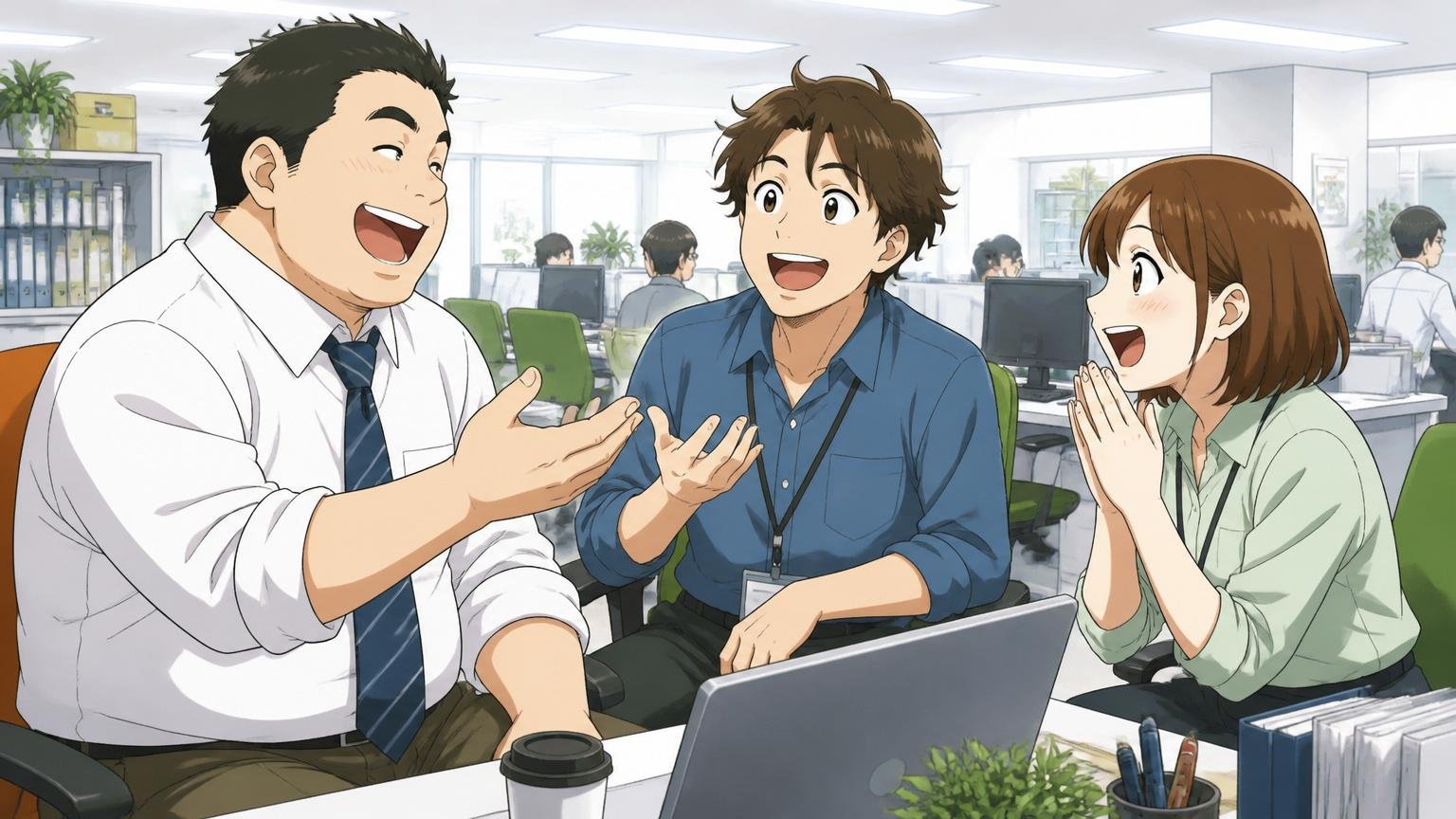 明るいオフィスのフリーアドレスエリアで談笑する社員3人