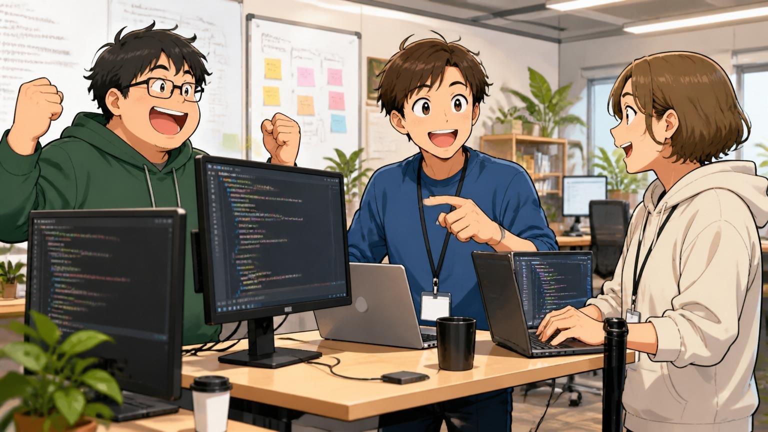 Web系スタートアップのオフィスでスタンディングデスクに集まって笑顔で開発する20-30代エンジニア3人