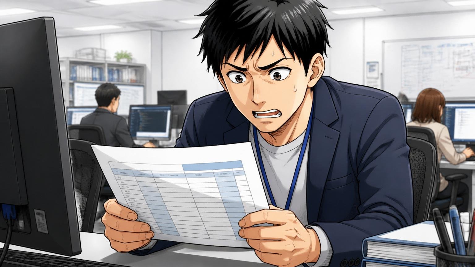 SIerのオフィスで給与明細を見つめる30代のITスペシャリスト1人