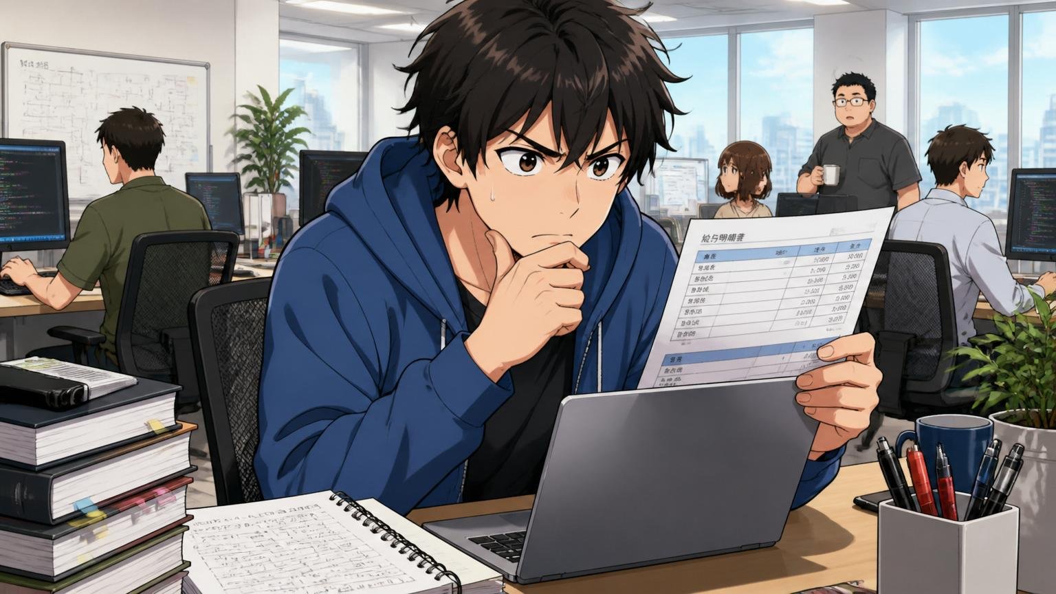 企業のオフィスでエンジニア1人が給与明細とノートPCを見比べてキャリアを考える場面
